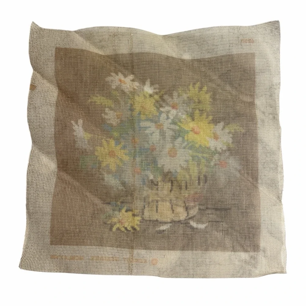 Needlepoint Canvas 1970s Vintage Sunset Bouquet Of Flowers Daisies Retro Floral